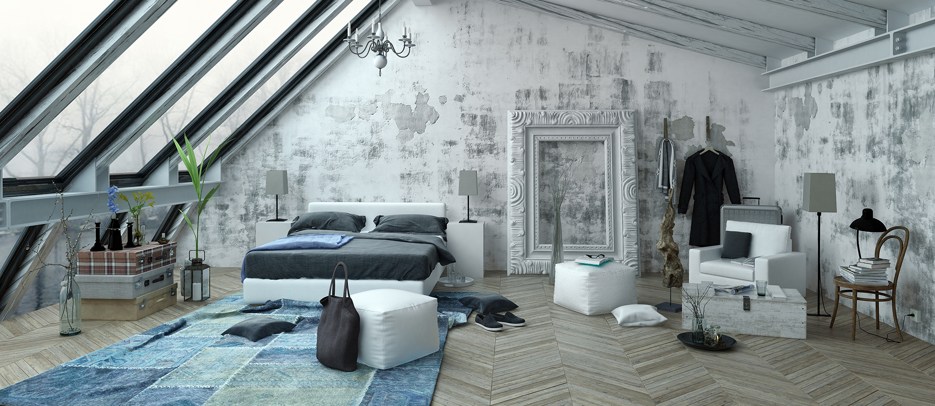 Loft-style bedroom with industrial-type decor and large roof windows.