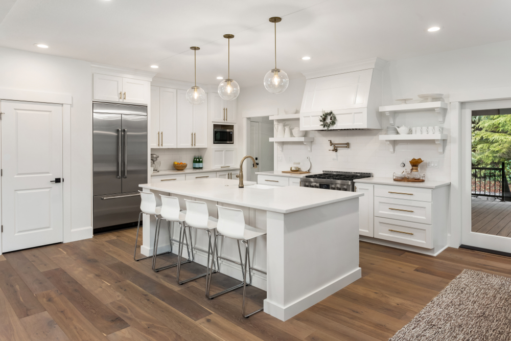 dark flooring in an all white kitchen