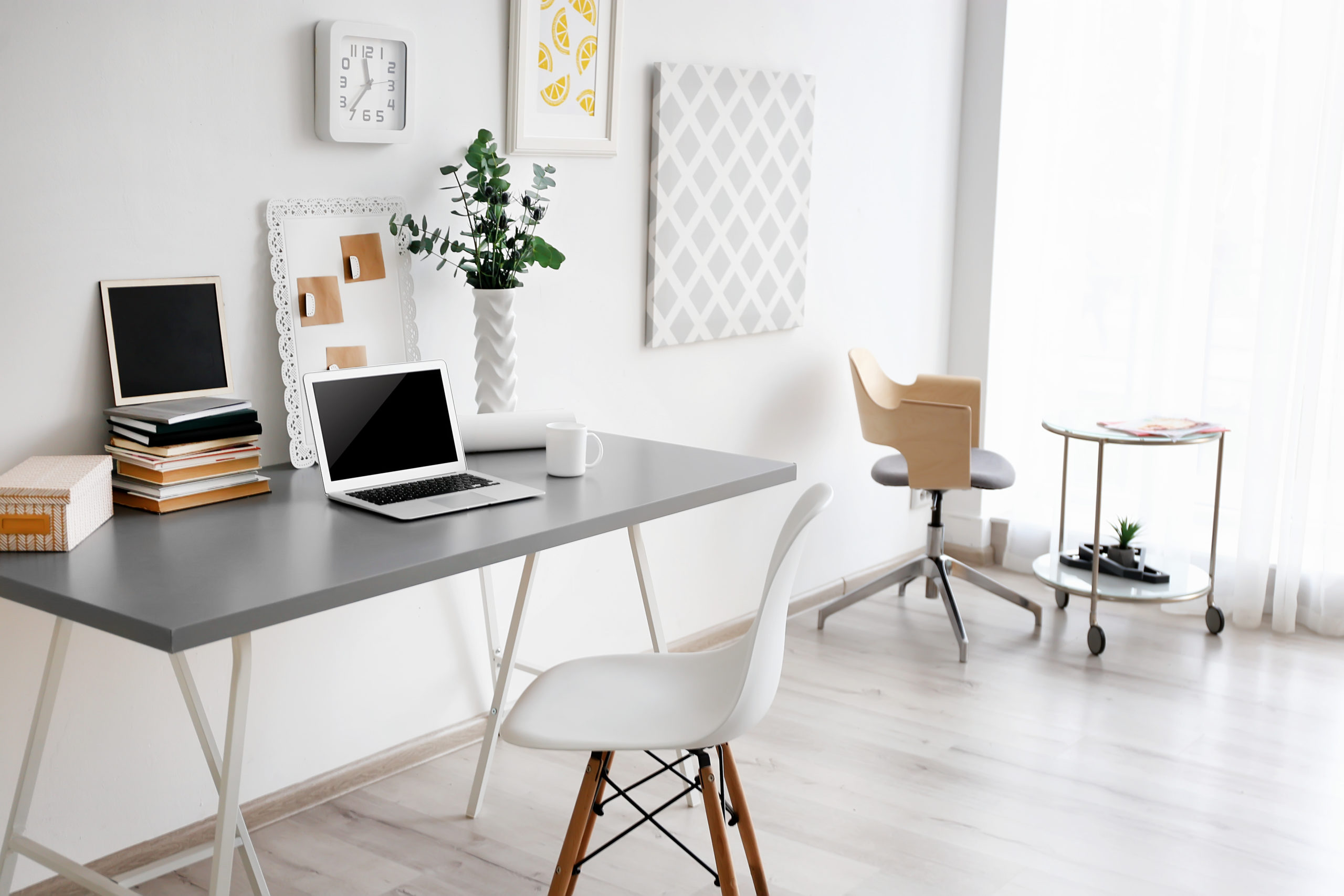 clutter free home office with long desk